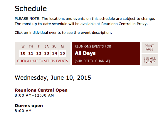 Reed 2015 reunions schedule at http://reunions.reed.edu/schedule.html